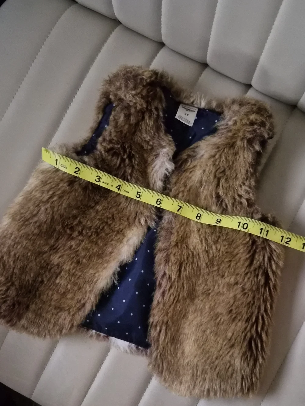 OshKosh B'gosh Brown Faux Fur Vest 2T with Navy Polka Dot Lining